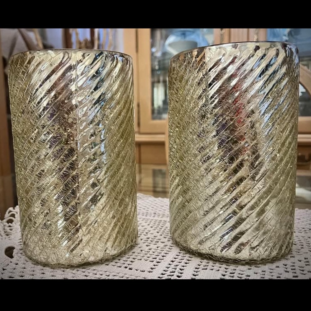 COST PLUS WORLD MARKET Set of 2 - 7.5” Mercury Glass Hurricane Candle Holders